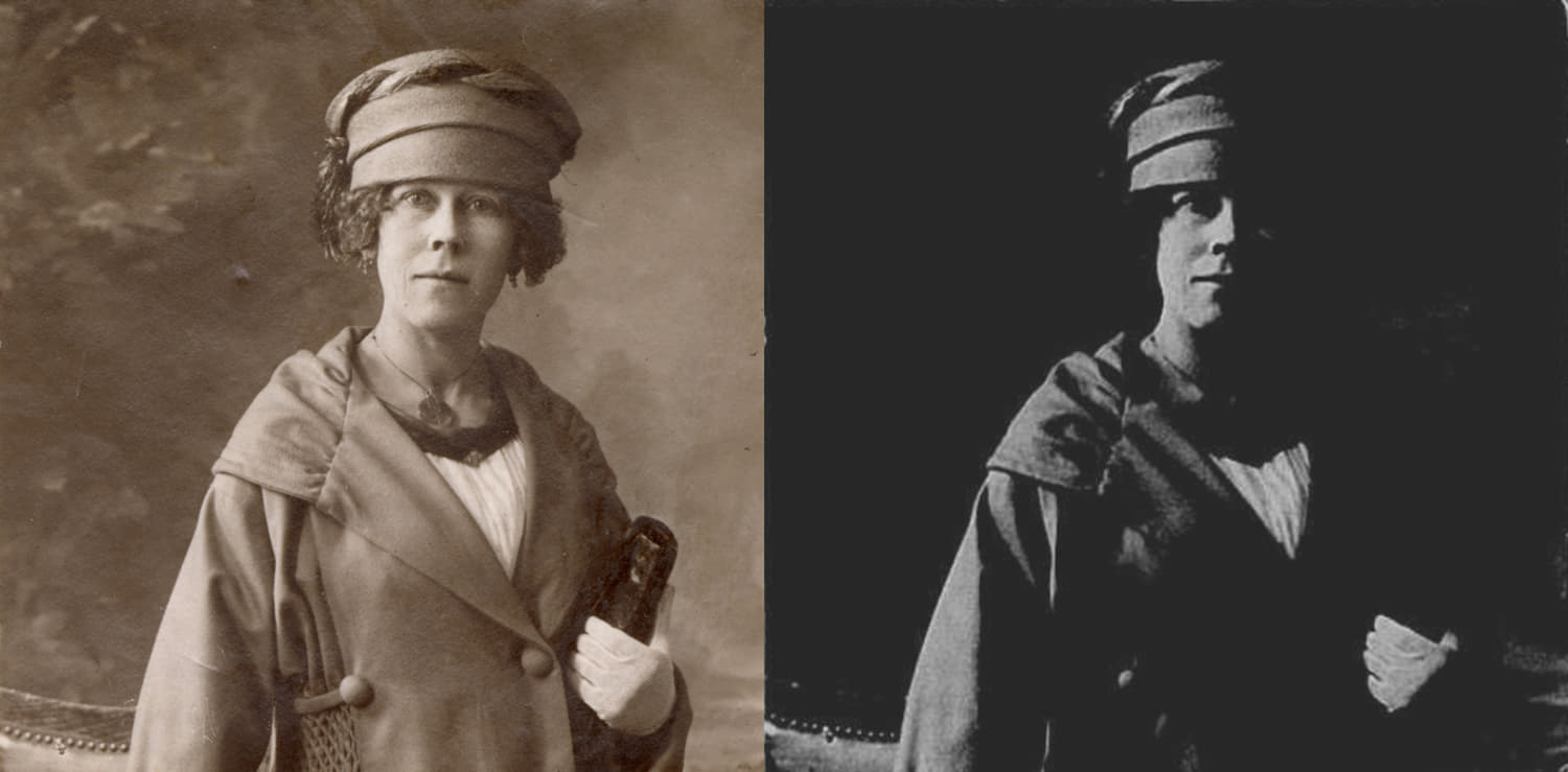 Links: de foto van Cornelia Joanna van Lieshout na het scannen door het FelixArchief. Rechts: de originele scan van de foto op FamilySearch.