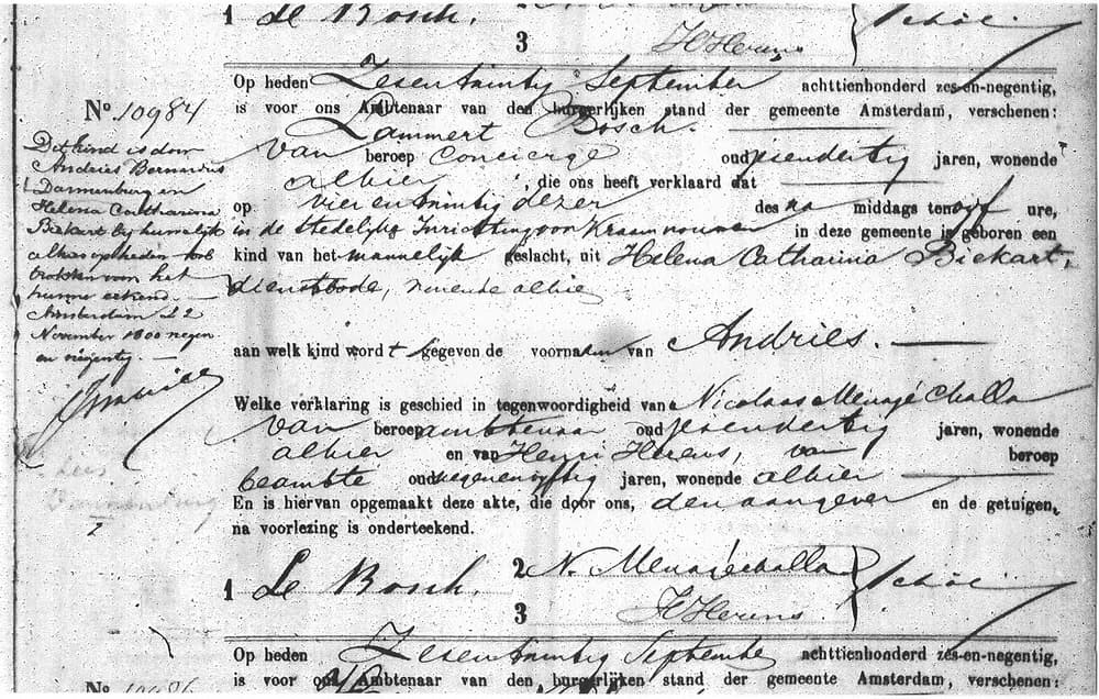 GEB 1896-09-24 ADannenburg, uit HCBiekart De aantekening in de kantlijn op de geboorteakte van Andries Dannenburg