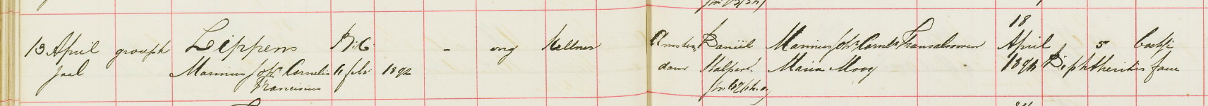 LippensMJCF-patient 1896, inschrijving van mijn opa M.J.C.F. Lippens in het Binnengasthuis in Amsterdam, als 4-jarige met Difteritis fam. voor 5 dagen verpleegd.