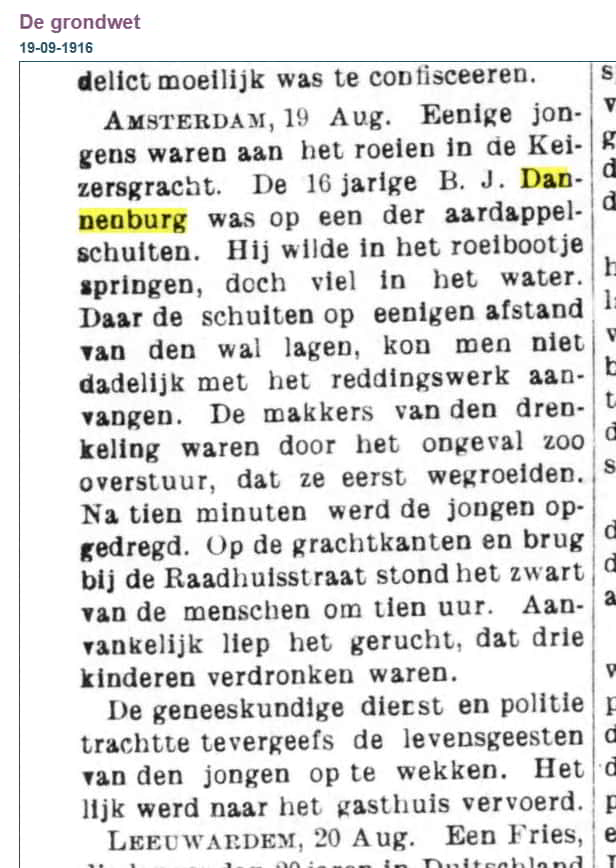 Het krantenbericht van de verdrinking van de broer van mijn opa