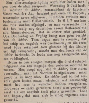 1882-07-11 ZutC - Het oefenschip Zr.Ms. Adder zinkt bij Scheveningen, veroorzaakt door haar slechte staat