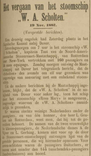 1887-11-19 VC - Bij Dover zinkt het passagiersschip W.A. Scholten na een aanvaring, waarbij 132 opvarenden omkomen