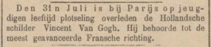 1890-06-12 HetV - Vincent van Gogh (37) overlijdt aan de gevolgen van een schotwond