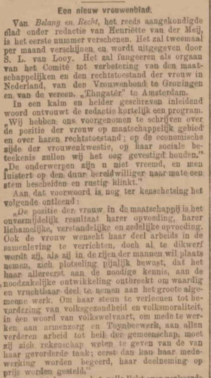 1896-10-16 VDgb - Het eerste feministisch tijdschrift "Belang en Recht" verschijnt, opgericht door de Groningse Vrouwenbond