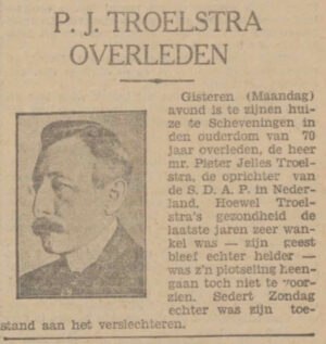 1930-05-13 LK - De bekende journalist en politicus Pieter Jelles Troelstra (70) overlijdt