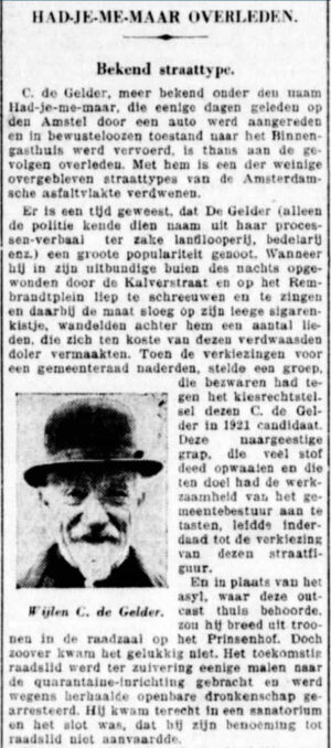 1931-12-02 DT - De bedelaar en straatmuzikant Had-je-me-maar wordt door een auto aangereden en overlijdt enkele dagen later