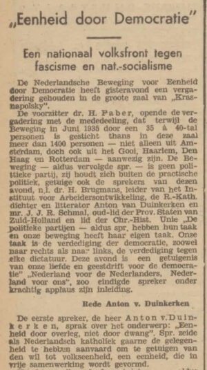 1936-03-04 DN - Oprichting van de "Eenheid door Democratie", een antifascistische beweging als reactie op het succes van de NSB