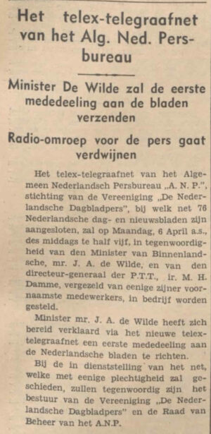 1936-03-20 NvhN - Het telexnet wordt geopend en krijgt een directe verbinding tussen het ANP en Nederlandse dagbladen