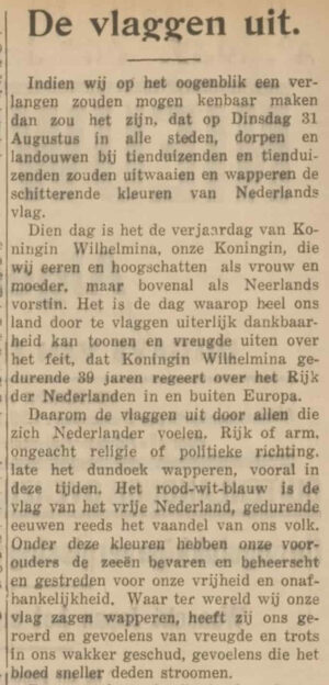 1937-08-30 NVC - Koningin Wilhelmina legt vast dat rood, wit en blauw de officiële kleuren van de vlag van het Koninkrijk der Nederlanden zijn