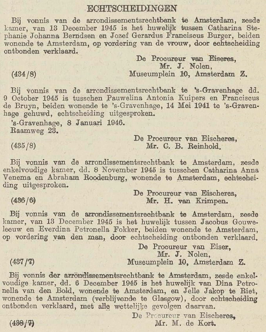 Voorbeeld van vermeldingen van echtscheidingen in de Staatscourant van januari 1946.