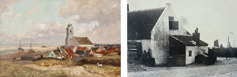 Het eeuwenoude huis “De Meelzak” (midden vooraan) vlak bij de Oude Kerk, gelegen aan het strand.