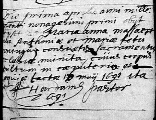 Hier een voorbeeld van een overlijdensakte geschreven in het Latijn in 1694 uit Watten: