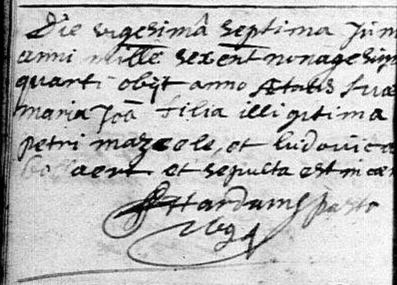 Hier een voorbeeld van een overlijdensakte geschreven in het Latijn in 1694 uit Watten: