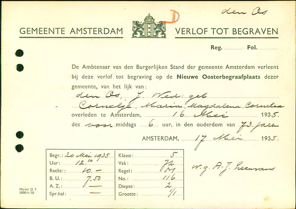 Voorbeeld van een verlof tot begraven uit de gemeente Amsterdam, 1935.